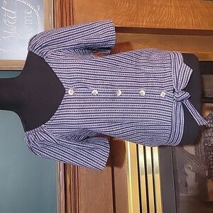 NWT Eyeshadow Blue Striped Short Sleeve Blouse with Buttons Tie at Waist Size Sm